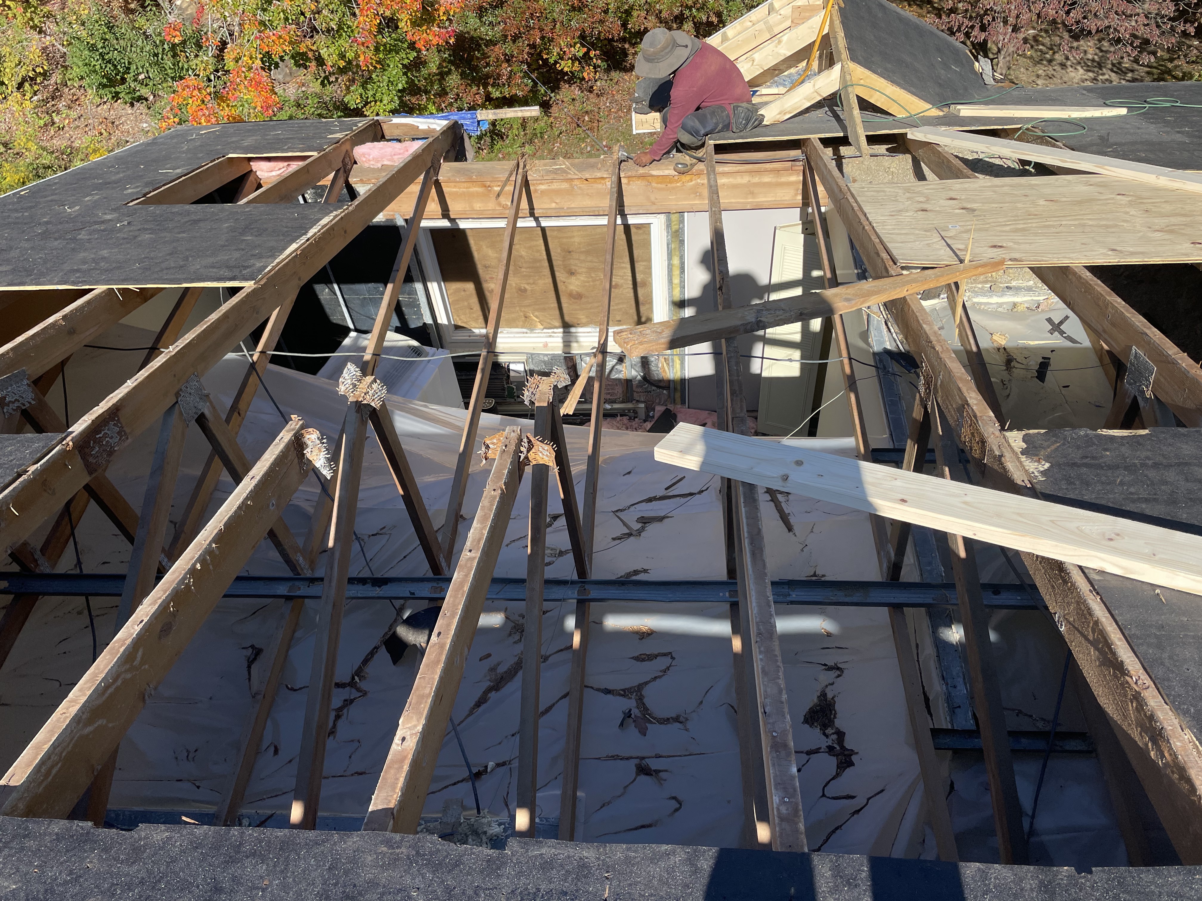 Roof stripped down to the rafters during a tear-off with a Storm King Roofing worker on the ridge in Avon, MA